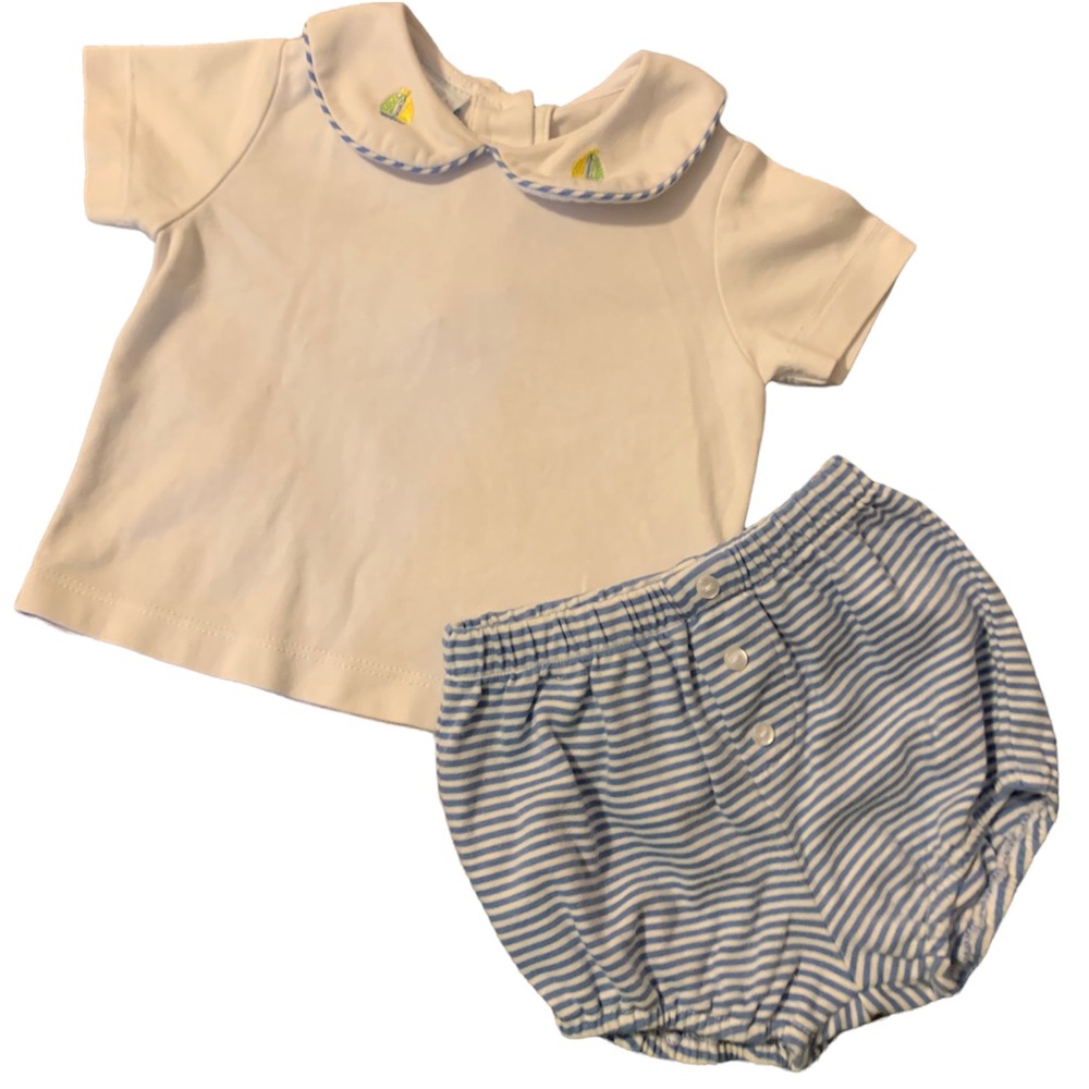 Baby boy size 9m Petite Bebe two piece Peter Pan embroidered collar & bloomers.